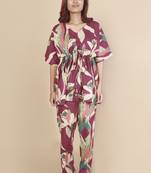 Wine floral printed cotton kaftan co-ord set for women