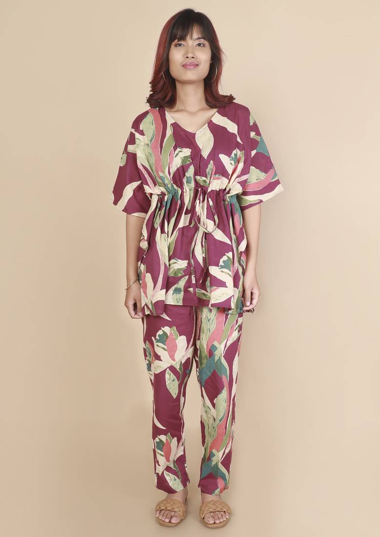 Wine floral printed cotton kaftan co-ord set for women
