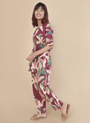Wine floral printed cotton kaftan co-ord set for women 2