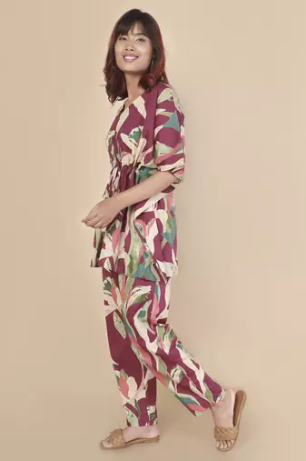 Wine floral printed cotton kaftan co-ord set for women