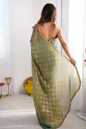 Gold color nc chiffon checks woven saree with cut dana lace border
