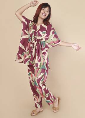 Wine floral printed cotton kaftan co-ord set for women 3