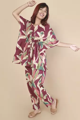 Wine floral printed cotton kaftan co-ord set for women