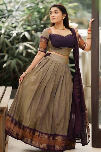 kanci cotton blend half saree – traditional zari weaving langa voni set for south indian style