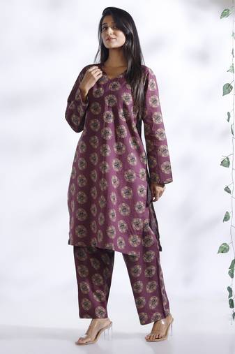 Wine everyday wear cotton co-ord set for women