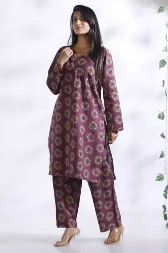 Wine everyday wear cotton co-ord set for women
