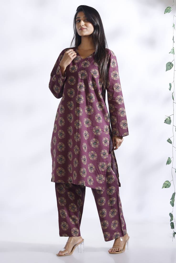 Wine everyday wear cotton co-ord set for women