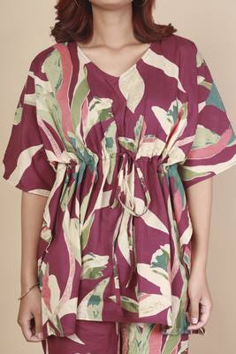 Wine floral printed cotton kaftan co-ord set for women 4