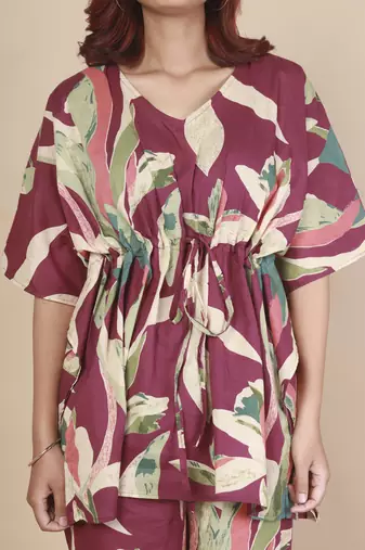 Wine floral printed cotton kaftan co-ord set for women