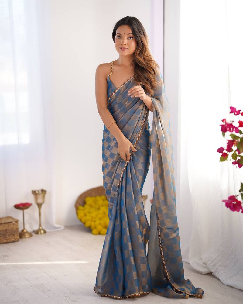 Gold color nc chiffon checks woven saree with cut dana lace border
