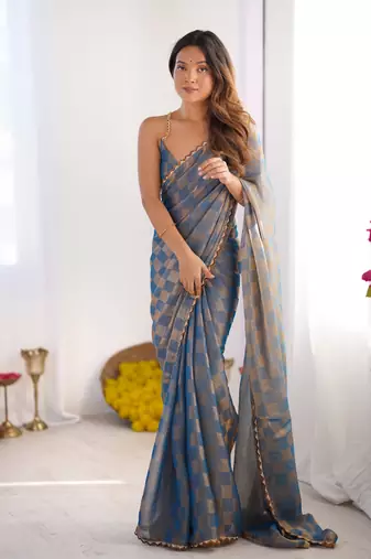 Gold color nc chiffon checks woven saree with cut dana lace border