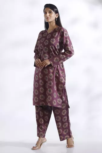 Wine everyday wear cotton co-ord set for women