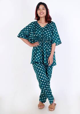 Green polka dot printed cotton kaftan co-ord set for women 1