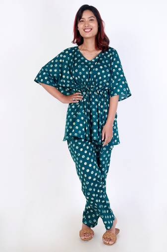 Green polka dot printed cotton kaftan co-ord set for women