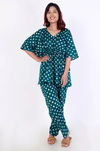 Green polka dot printed cotton kaftan co-ord set for women