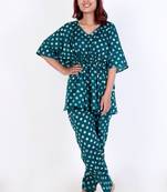 Green polka dot printed cotton kaftan co-ord set for women