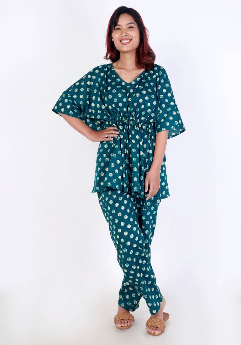 Green polka dot printed cotton kaftan co-ord set for women