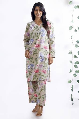 Cream everyday wear cotton co-ord set for women