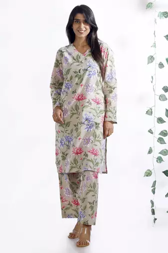 Cream everyday wear cotton co-ord set for women