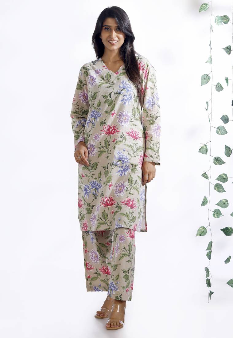 Cream everyday wear cotton co-ord set for women