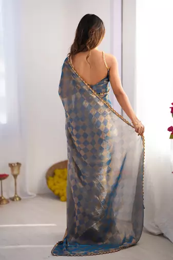Gold color nc chiffon checks woven saree with cut dana lace border