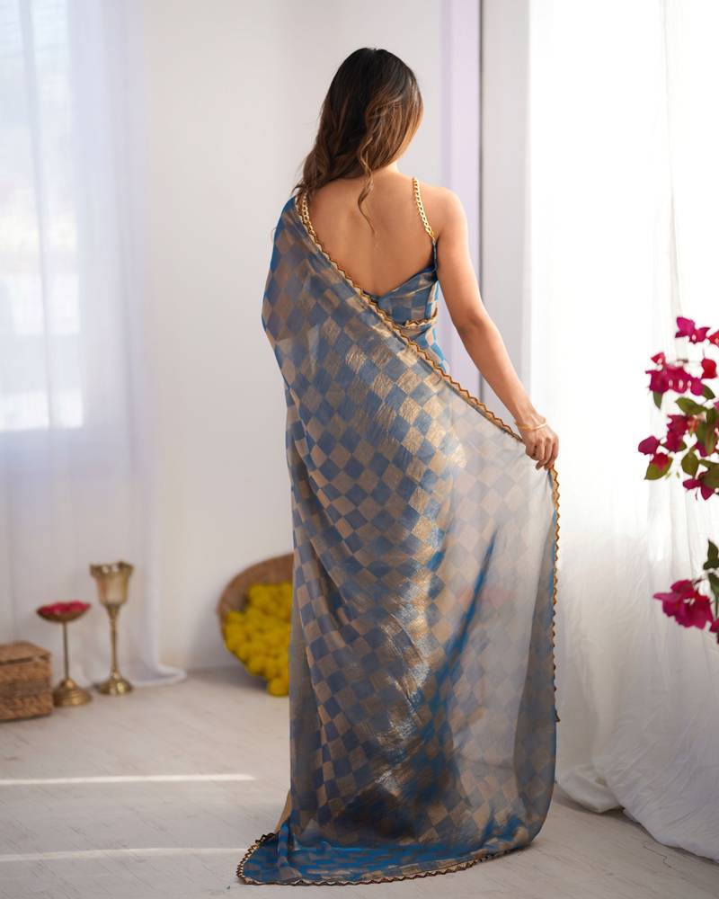 Gold color nc chiffon checks woven saree with cut dana lace border