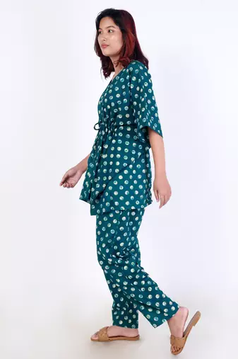 Green polka dot printed cotton kaftan co-ord set for women