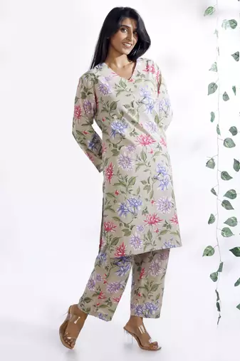 Cream everyday wear cotton co-ord set for women
