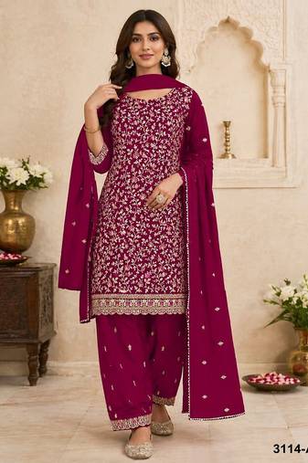 Rani pink embroidered georgette salwar suit with dupatta