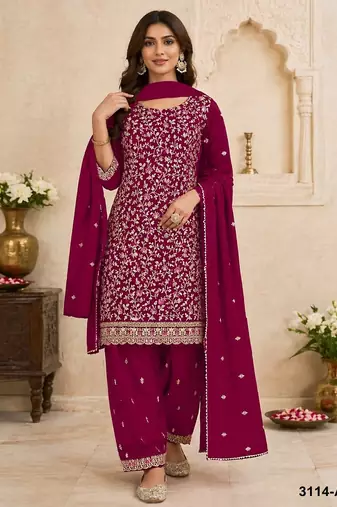 Rani pink embroidered georgette salwar suit with dupatta