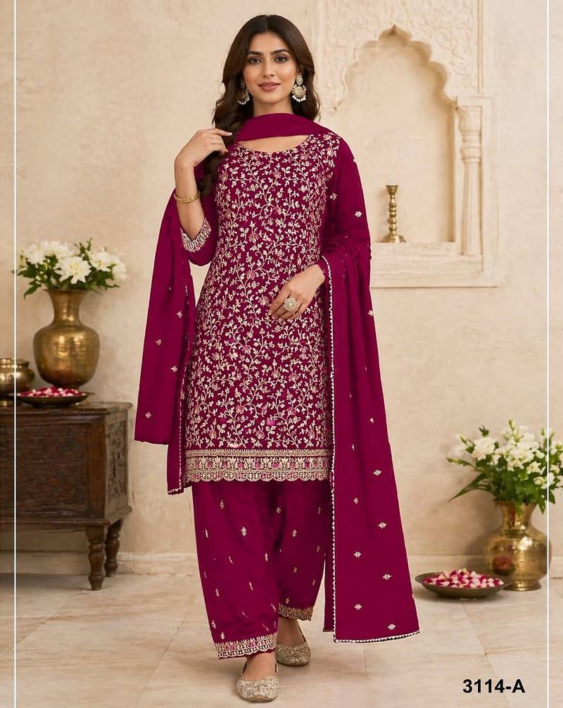 Rani pink embroidered georgette salwar suit with dupatta