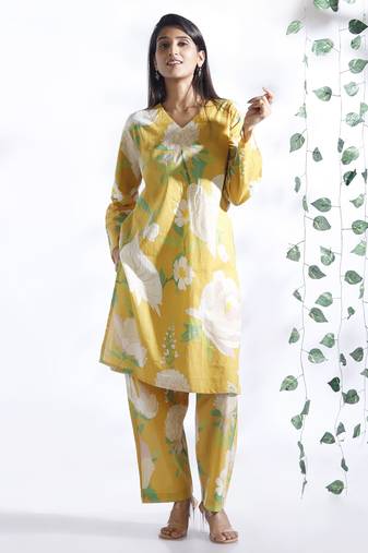 Yellow everyday wear cotton co-ord set for women