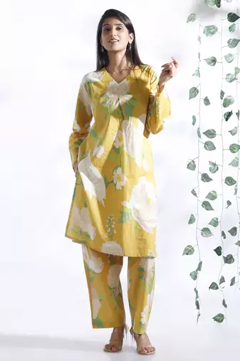 Yellow everyday wear cotton co-ord set for women