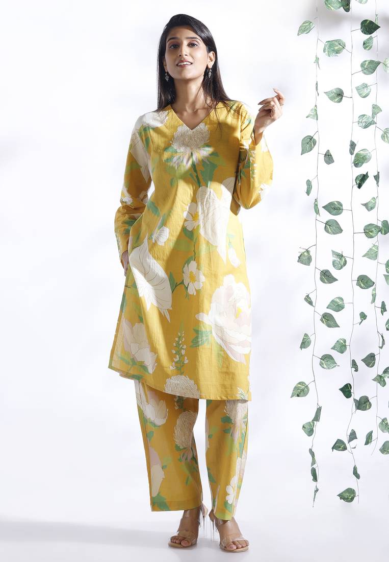 Yellow everyday wear cotton co-ord set for women