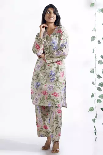 Cream everyday wear cotton co-ord set for women
