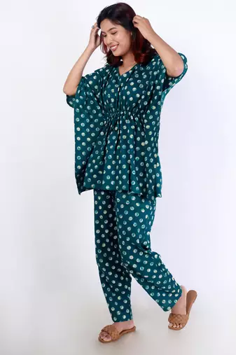 Green polka dot printed cotton kaftan co-ord set for women