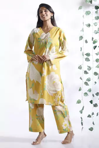 Yellow everyday wear cotton co-ord set for women