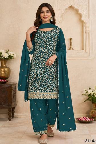 Teal blue embroidered georgette salwar suit with dupatta