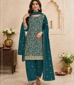 Teal blue embroidered georgette salwar suit with dupatta