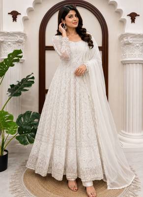 White faux georgette thread & sequin embroidered suit set 1