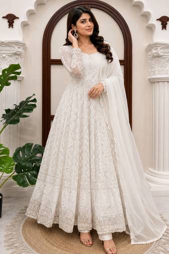 White faux georgette thread & sequin embroidered suit set
