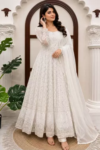 White faux georgette thread & sequin embroidered suit set
