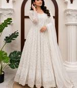White faux georgette thread & sequin embroidered suit set