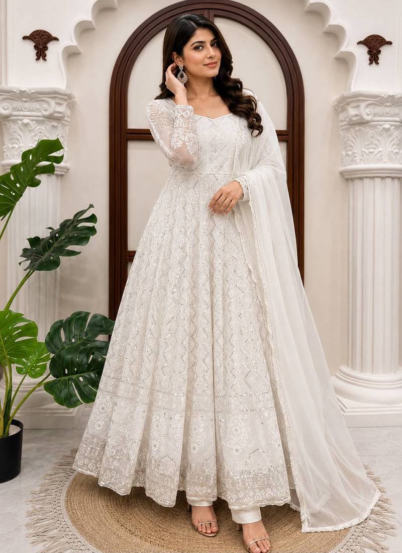 White faux georgette thread & sequin embroidered suit set