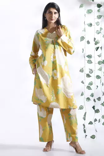 Yellow everyday wear cotton co-ord set for women