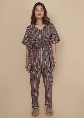 Aqua-blue stripe printed cotton kaftan co-ord set for women 1