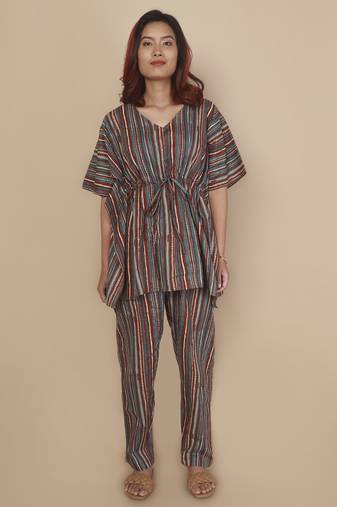 Aqua-blue stripe printed cotton kaftan co-ord set for women