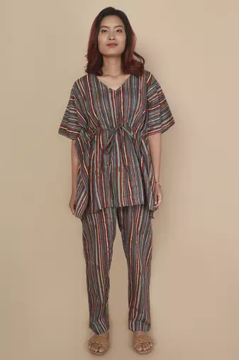 Aqua-blue stripe printed cotton kaftan co-ord set for women