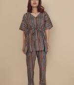 Aqua-blue stripe printed cotton kaftan co-ord set for women