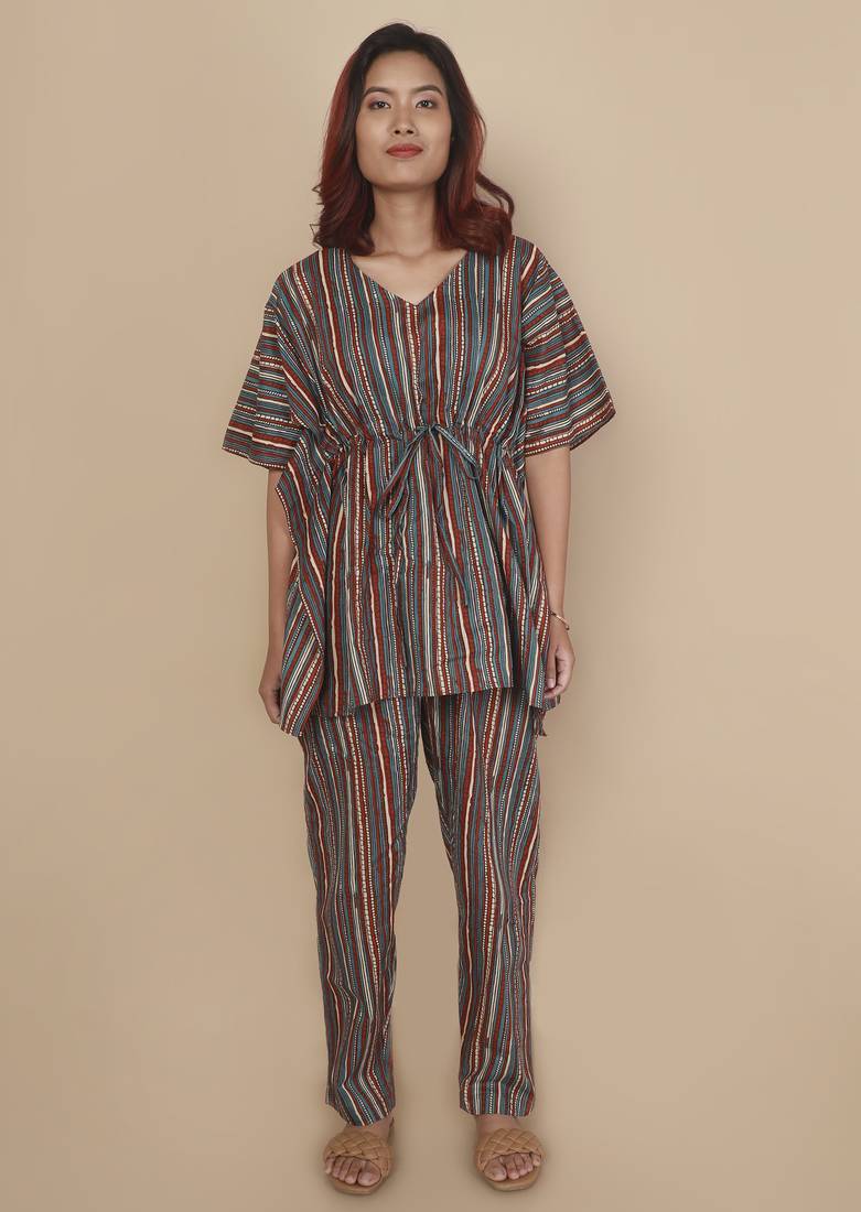 Aqua-blue stripe printed cotton kaftan co-ord set for women